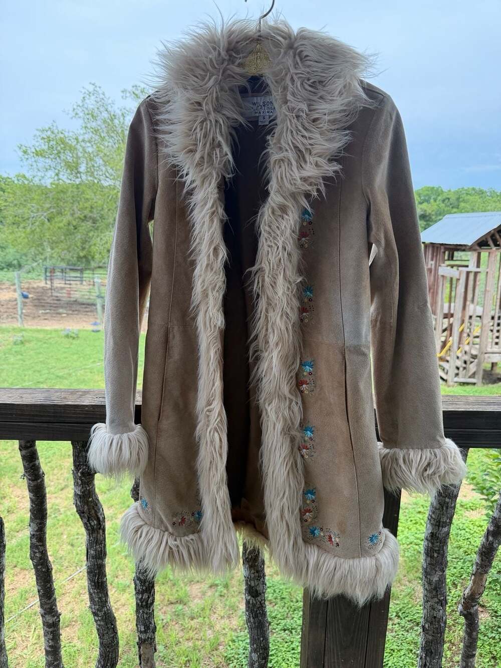 Wilsons Leather Maxima Suede Embroidered Faux Fur Trim Coat Size S - Picture 12 of 16